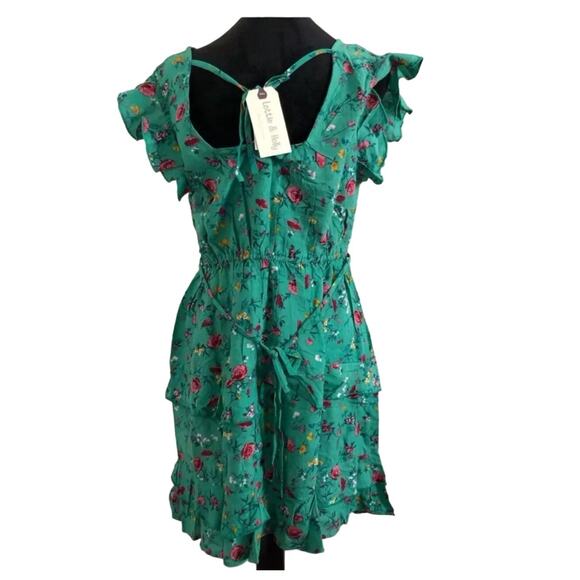 LOTTIE & HOLLY BOG COLLECTIVE FLORAL TIERED MINI DRESS GREEN PINK S-NEW - Picture 2 of 5